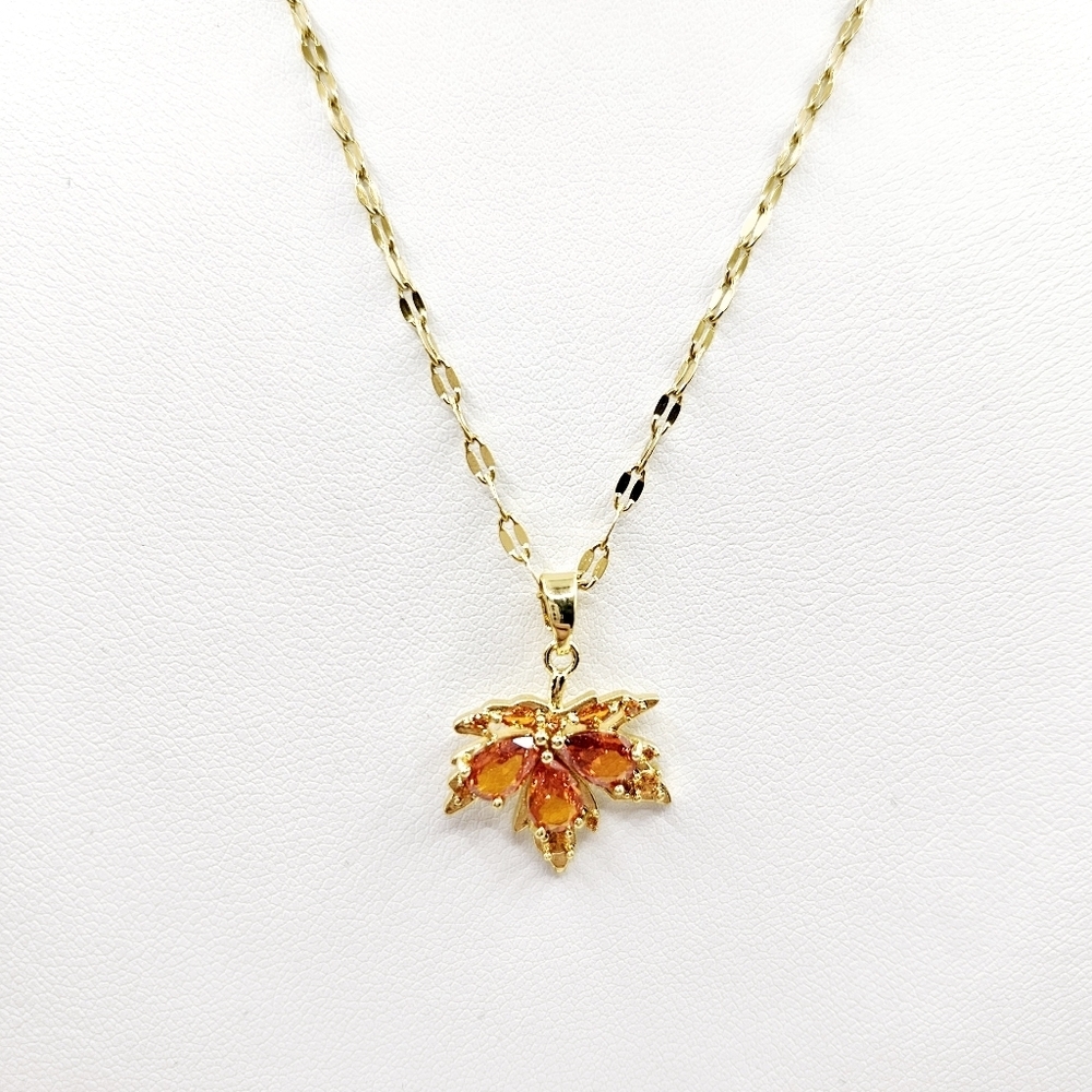Orange Red Crystal Maple Leaf Pendant Necklace Gold Tone Fall Autumn Cottagecore